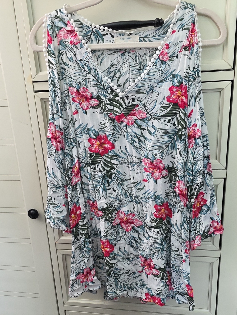 Solitaire White Tunic with Pink Floral & Green Leaf Print